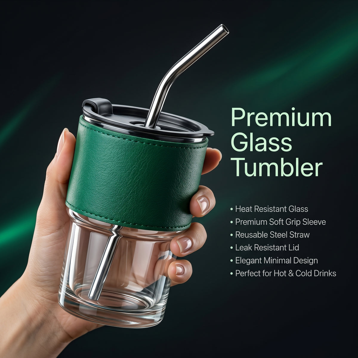 LuxeSip™ Premium Glass Tumbler – Leather Sleeve & Reusable Straw