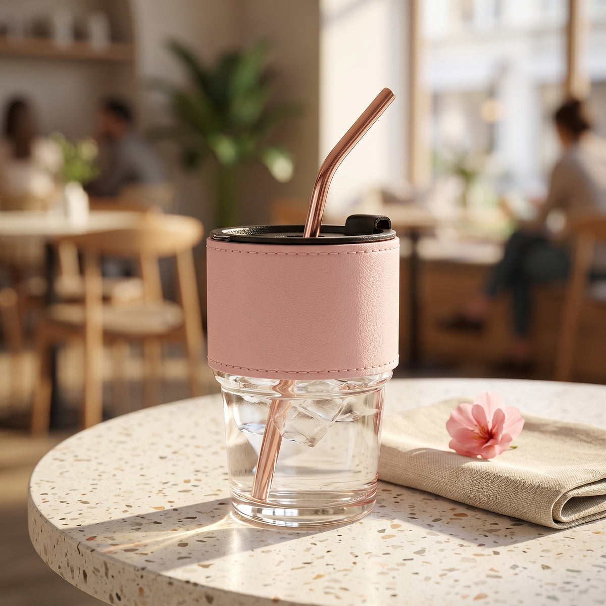 LuxeSip™ Premium Glass Tumbler – Leather Sleeve & Reusable Straw