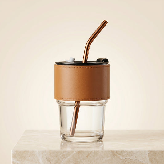 LuxeSip™ Premium Glass Tumbler – Leather Sleeve & Reusable Straw